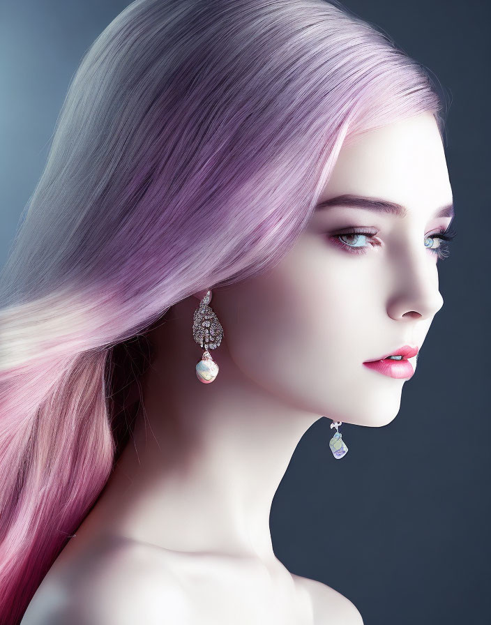 Person with Long Pastel Purple Hair and Striking Makeup in Elegant Earring
