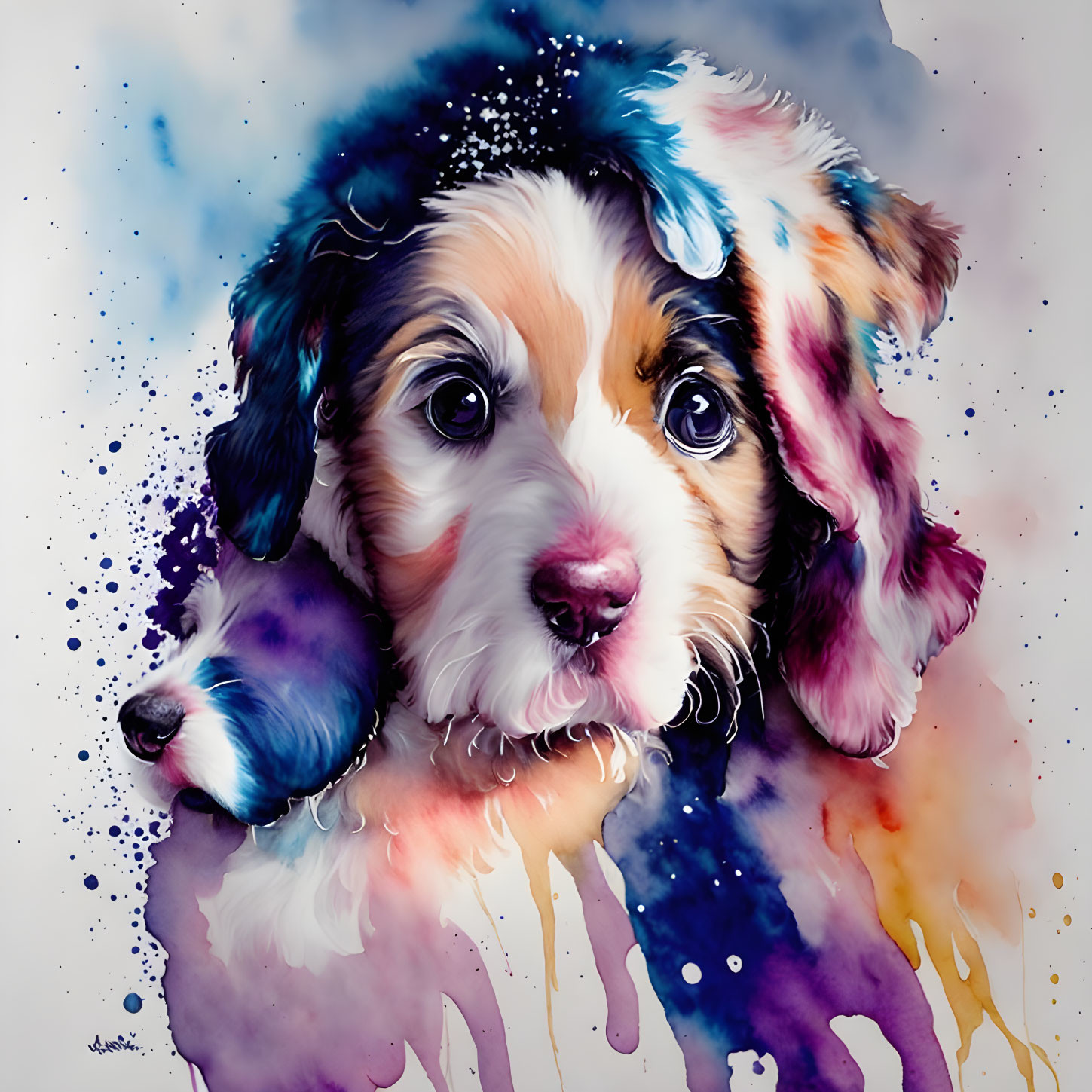 Colorful Watercolor Painting of Adorable Puppy with Large Eyes