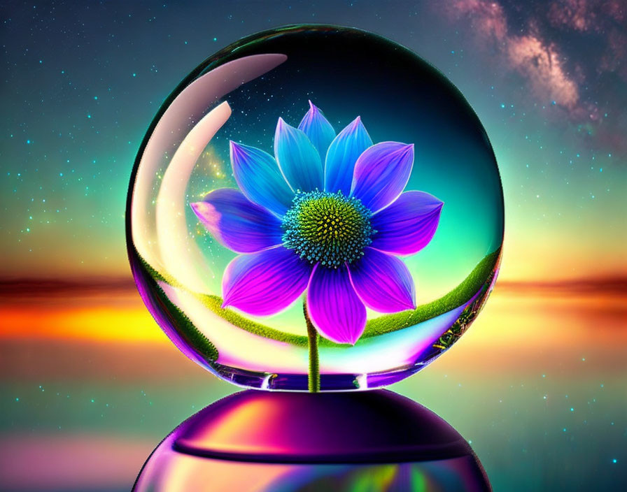 Blue flower in crystal ball under sunset sky with moon and stars