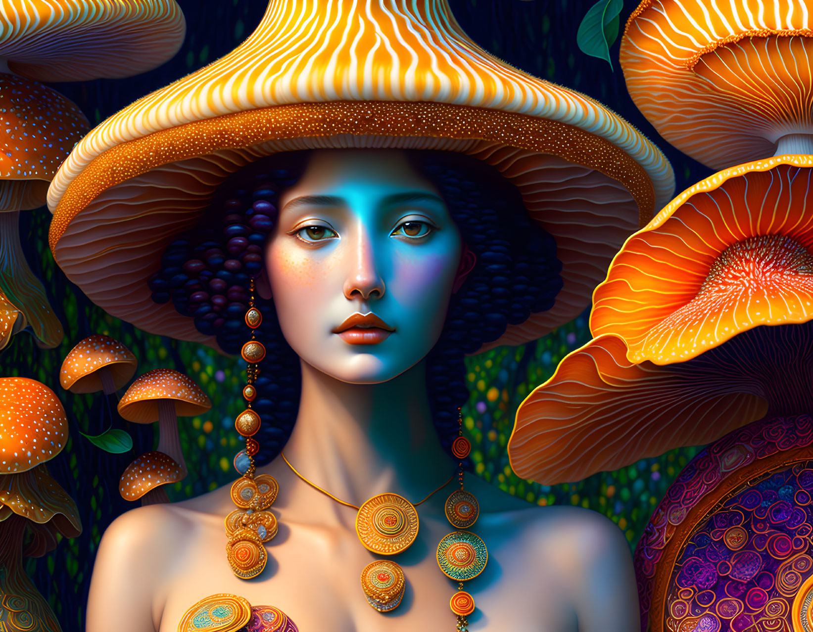 Digital painting of woman with mushroom cap hat, surrounded by vibrant mushrooms