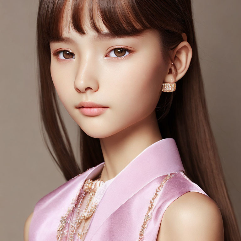 Young woman with straight brown hair and pearl earrings in pink sleeveless top.