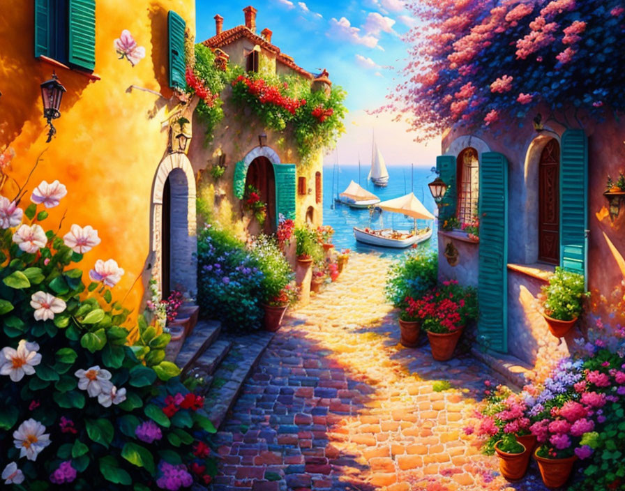 Colorful Coastal Alleyway Painting with Flowers, Sailboat, and Blue Sky