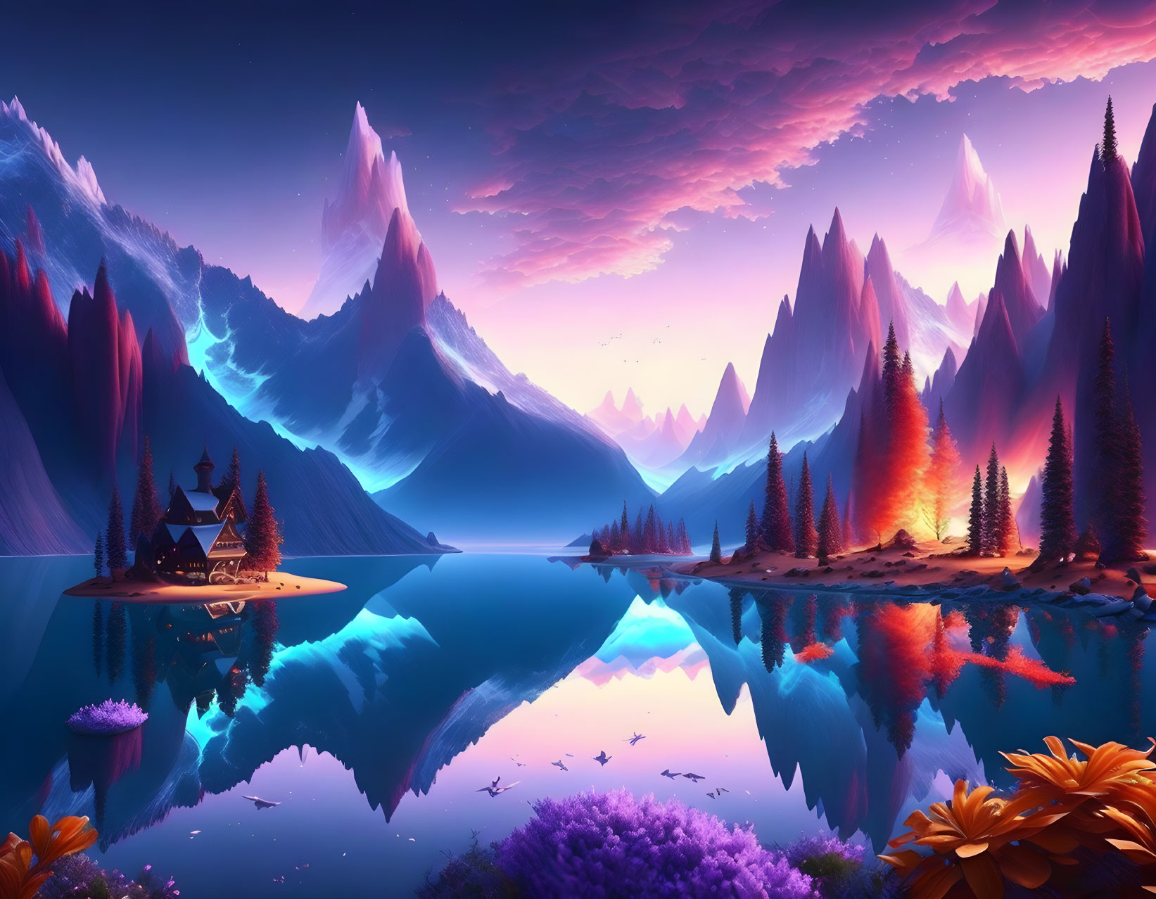 Surreal landscape digital artwork: luminous mountains, tranquil lake, colorful flora, cozy cabin.