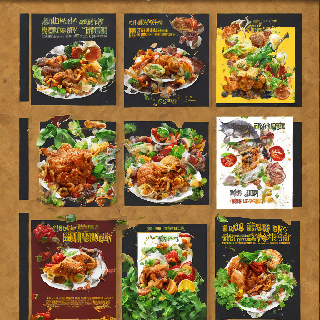 Colorful Asian Cuisine Menu Collage with Seafood, Meats, and Salads
