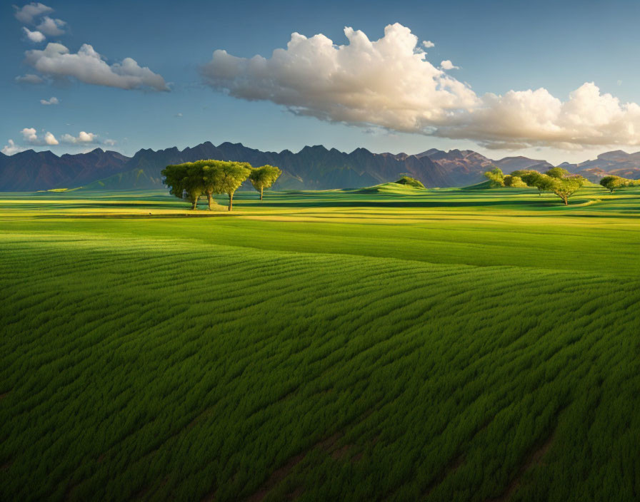 Lush green fields under partly cloudy sky with trees and shadows