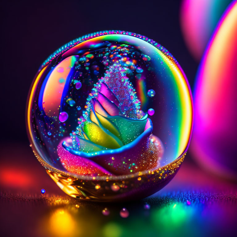 Colorful Swirling Glass Marble Reflecting Light on Dark Surface