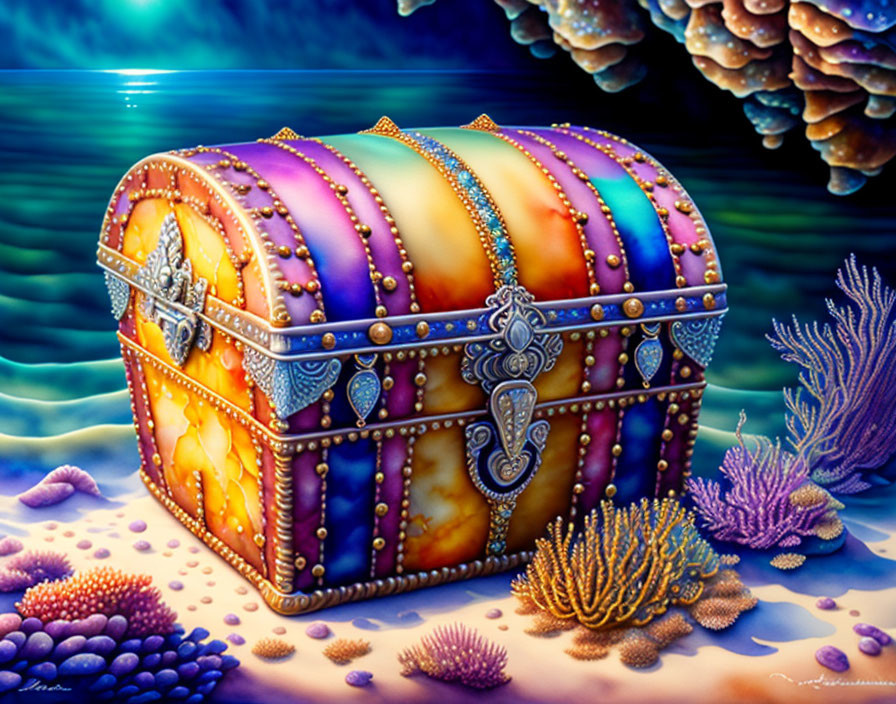 Colorful treasure chest on ocean floor with gems, coral, and marine life