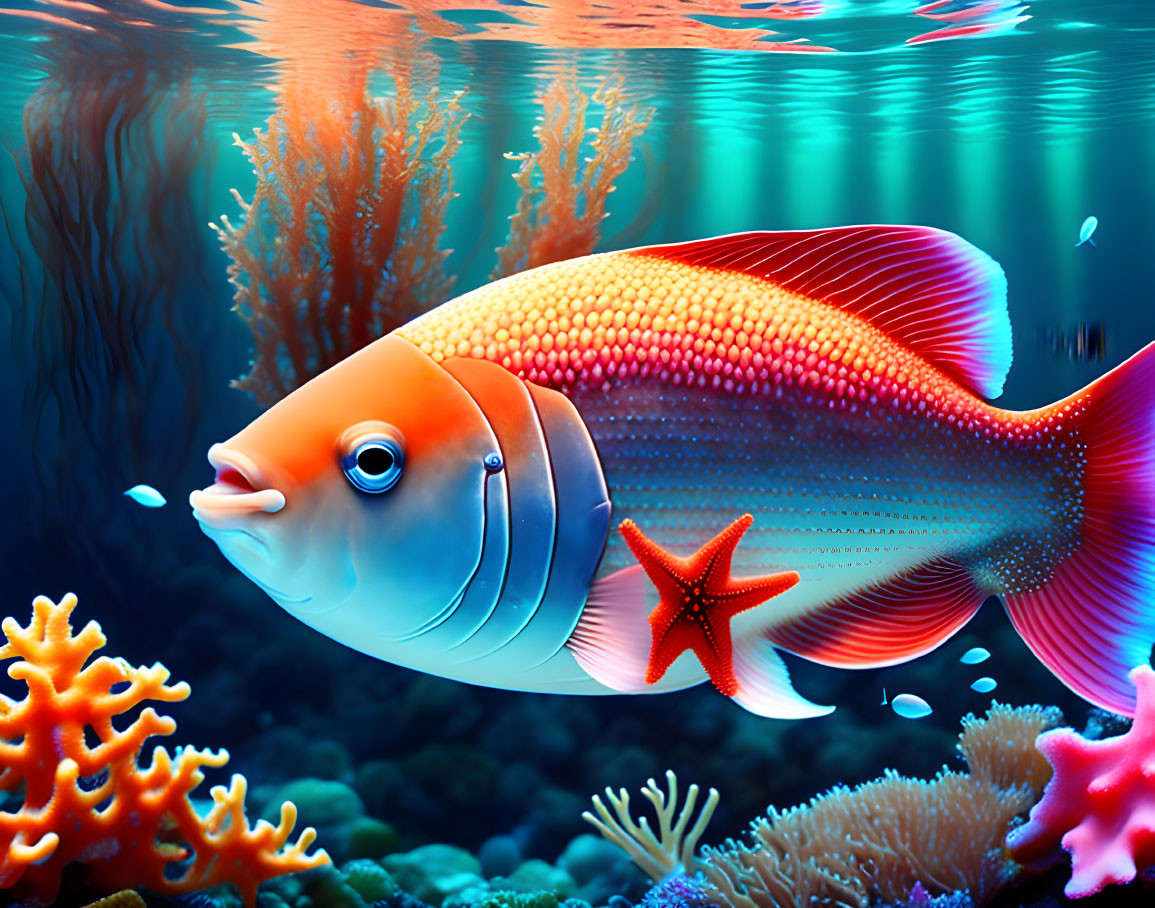Colorful Cartoon Fish Swimming Near Coral with Starfish in the Sea