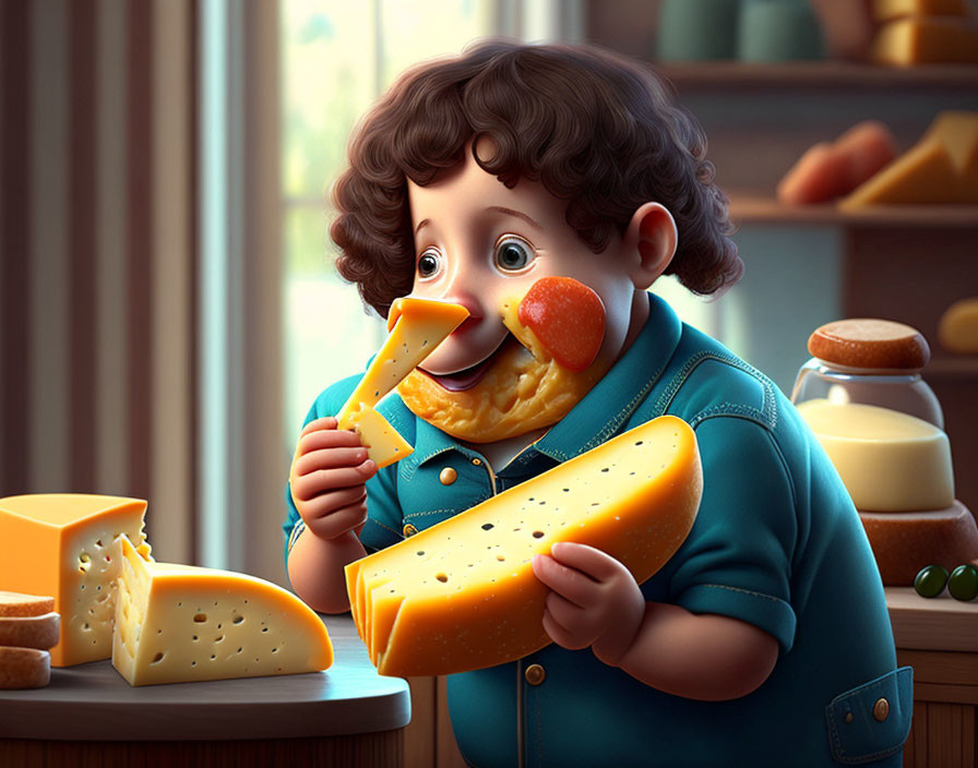 Curly-Haired Cartoon Child Eating Yellow Cheese in Kitchen