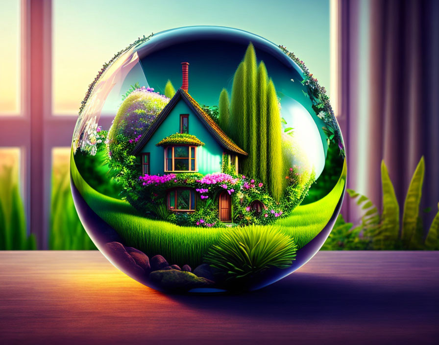 Whimsical cottage in translucent sphere at dusk
