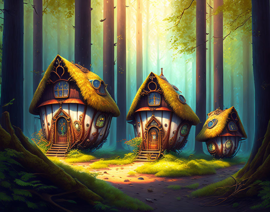 Whimsical mushroom-shaped houses in magical forest setting