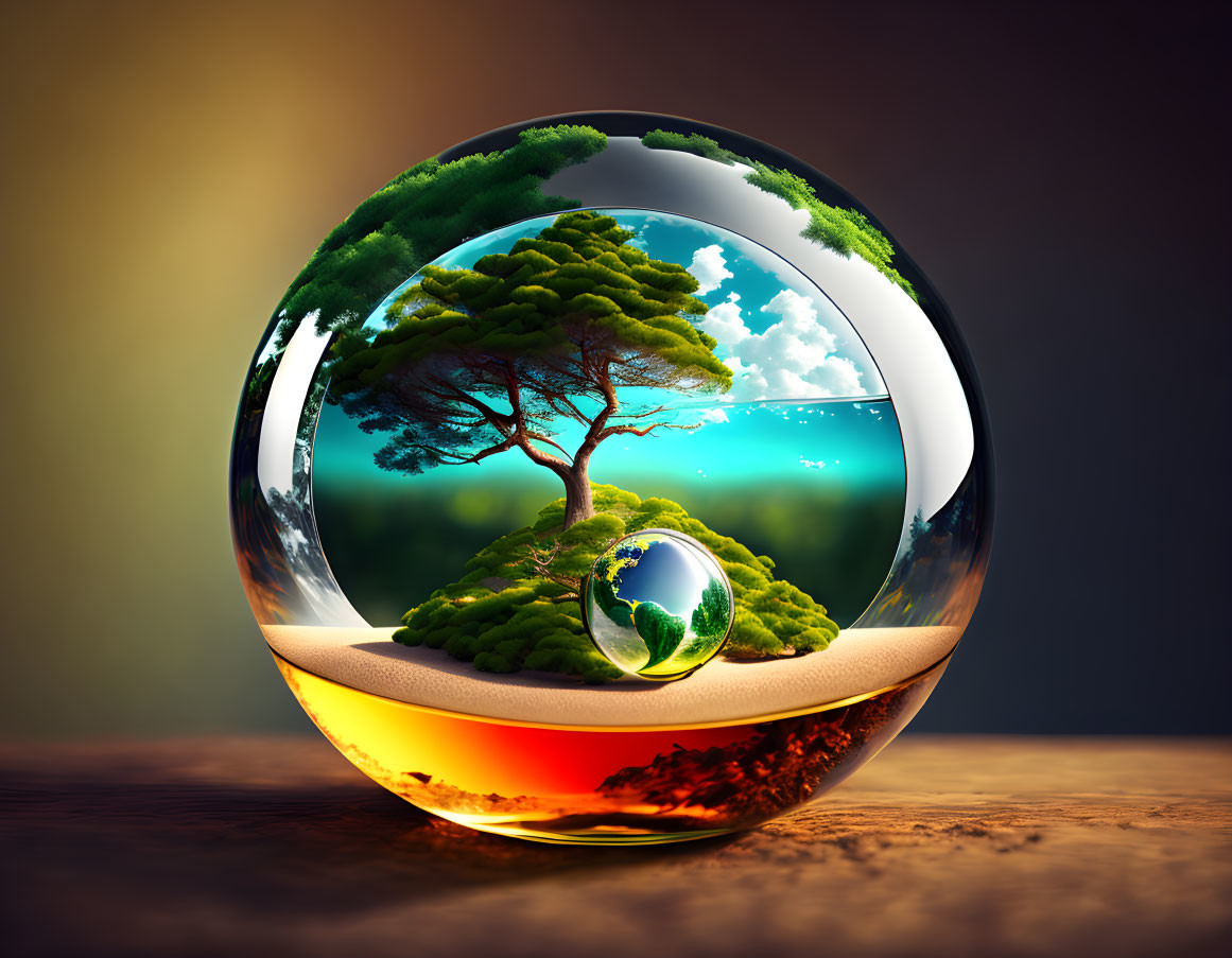 Crystal Ball Reflecting Lush Tree and Nested Ball Creating Recursive Effect