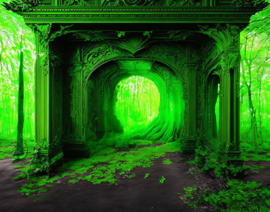Green-tinted surreal photo of classical archway in forest with glowing light.