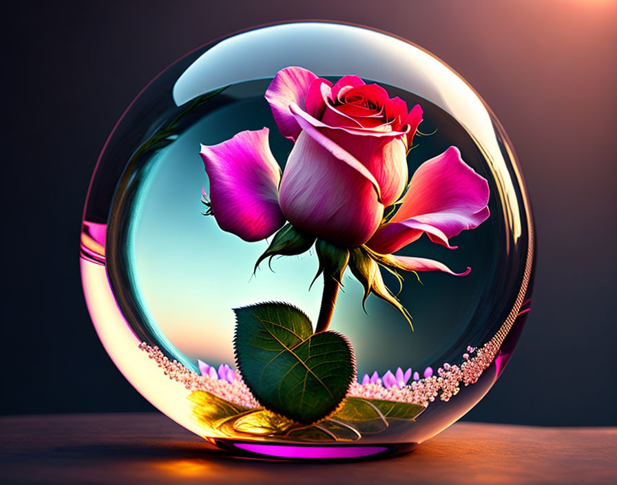 Pink rose in transparent bubble on dark background with soft lighting