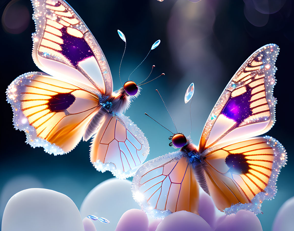 Glowing translucent butterflies with water droplets on wings on dark bokeh background