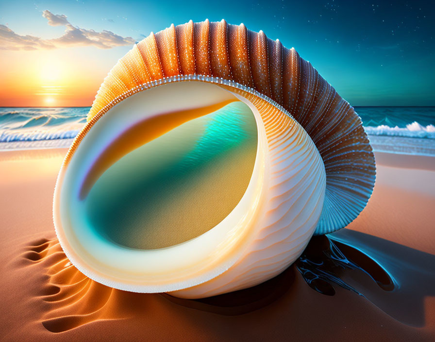 Iridescent shell on sandy beach at colorful sunset