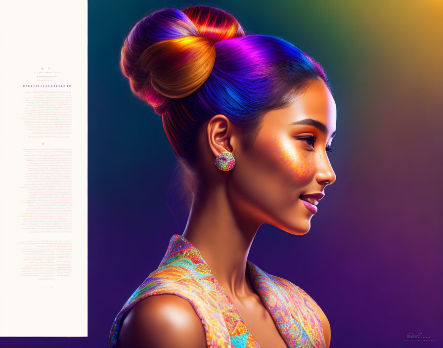 Profile of woman with rainbow hair in bun & large earrings on colorful background