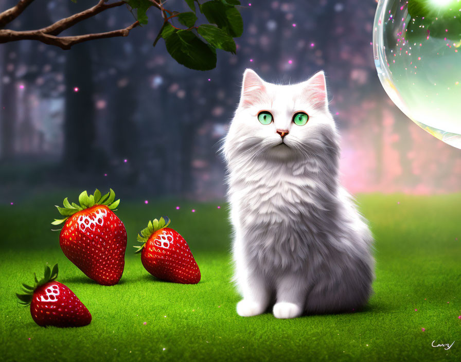 Fluffy White Cat Surrounded by Oversized Strawberries in Mystical Forest