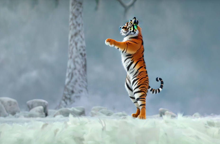 Tiger standing on hind legs in snowy forest
