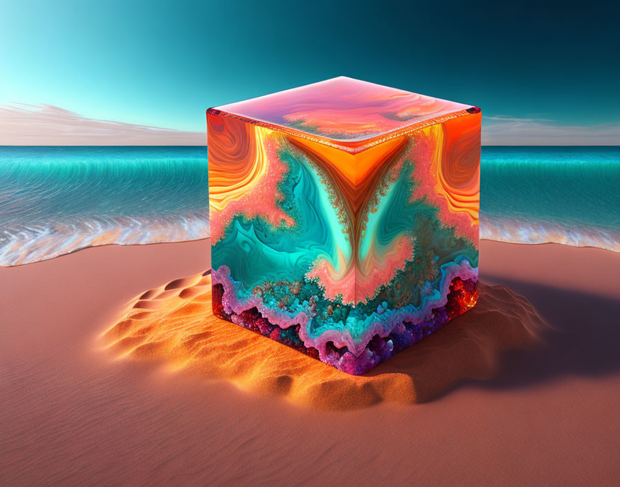 Colorful Psychedelic Cube on Sandy Beach with Sea and Sky Background