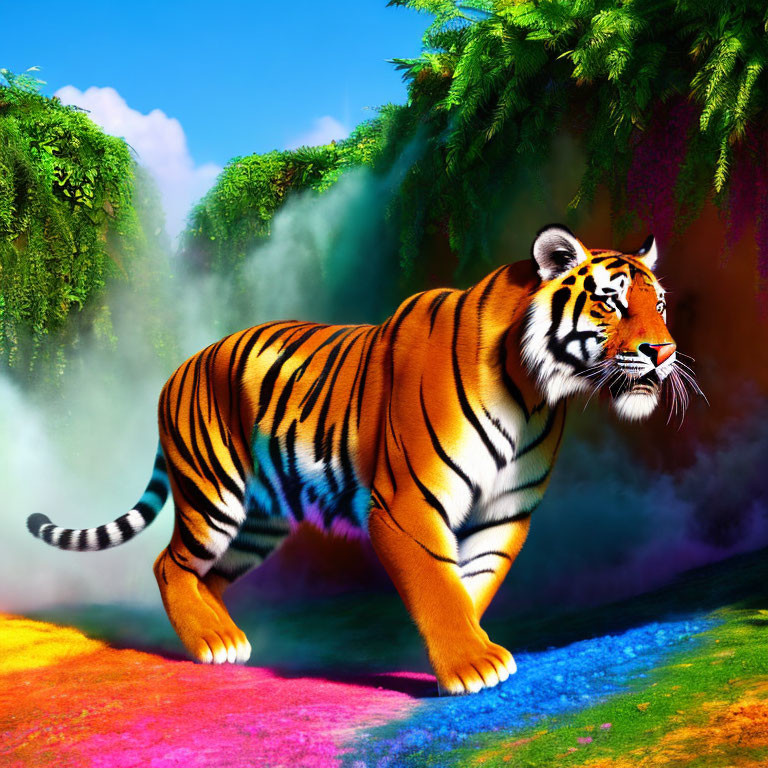 Tiger on rainbow path