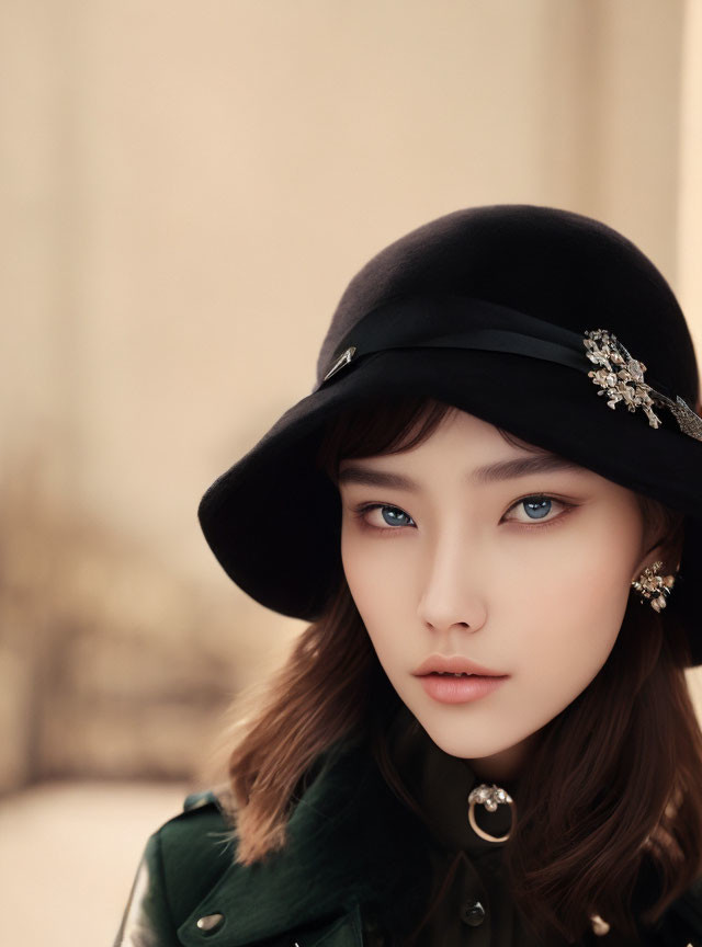 Fashionable Person in Black Hat with Crystal Brooch and Green Coat