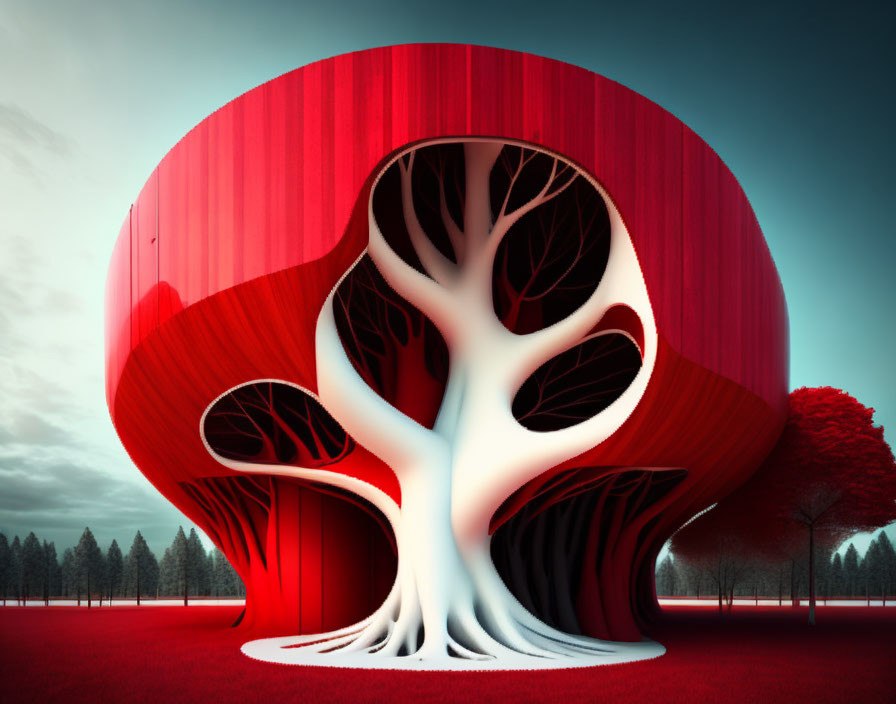 Futuristic building with red exterior and white tree design in red landscape