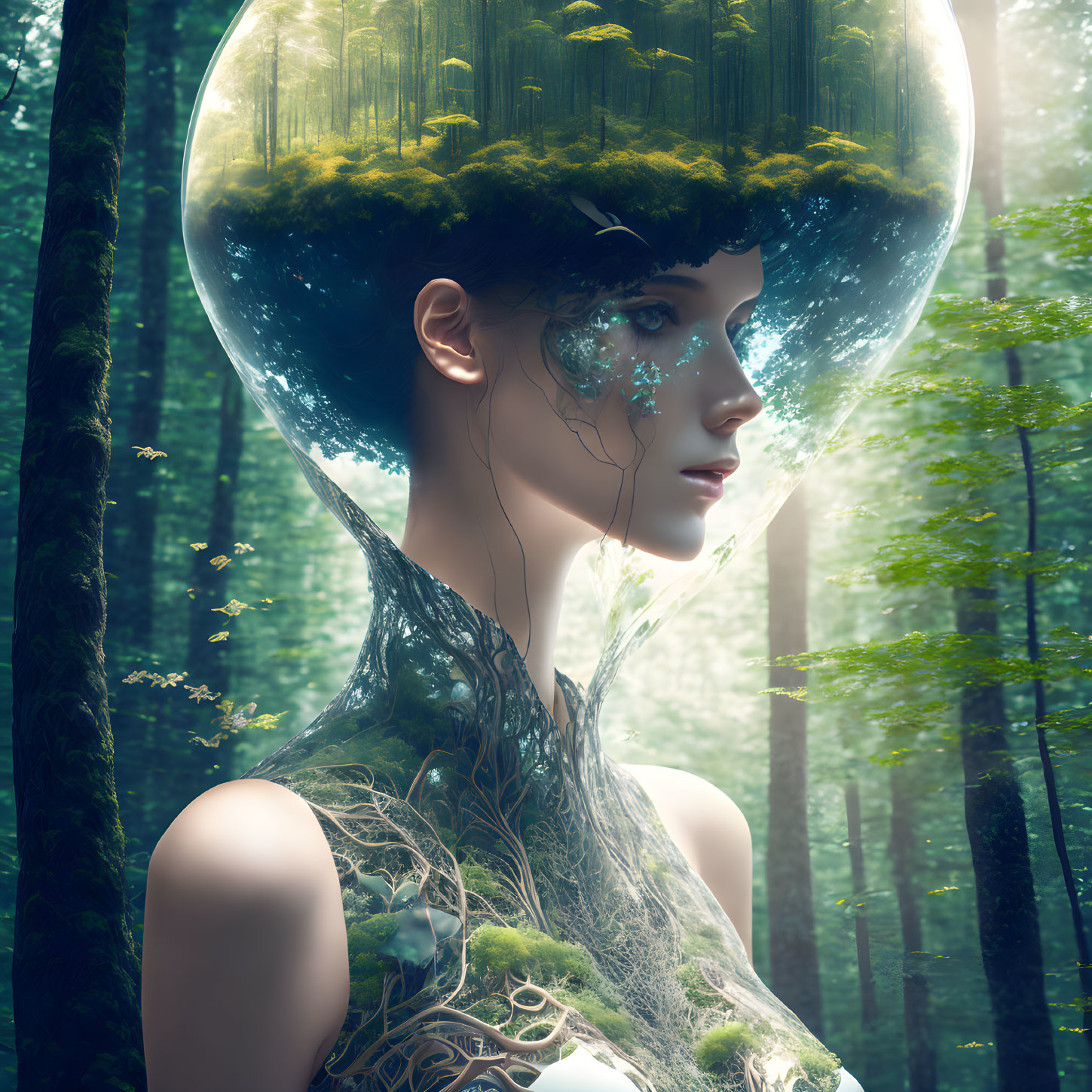 Surreal portrait features woman with transparent dome head and forest surroundings