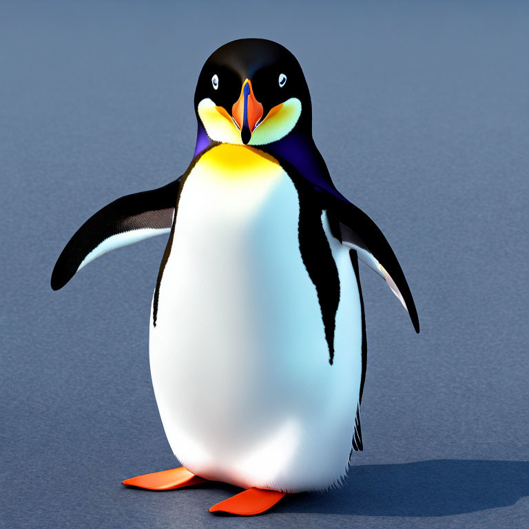 Colorful Cartoon Penguin Character on Plain Surface with Shadow