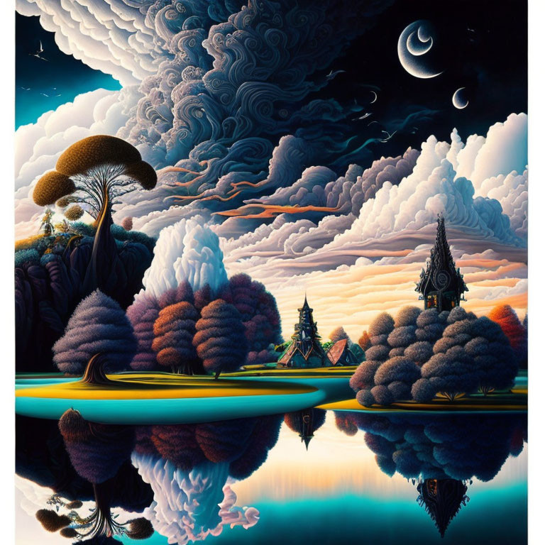 Fantasy landscape with fluffy trees, reflective lake, towering mushroom, small house, and dynamic sky.