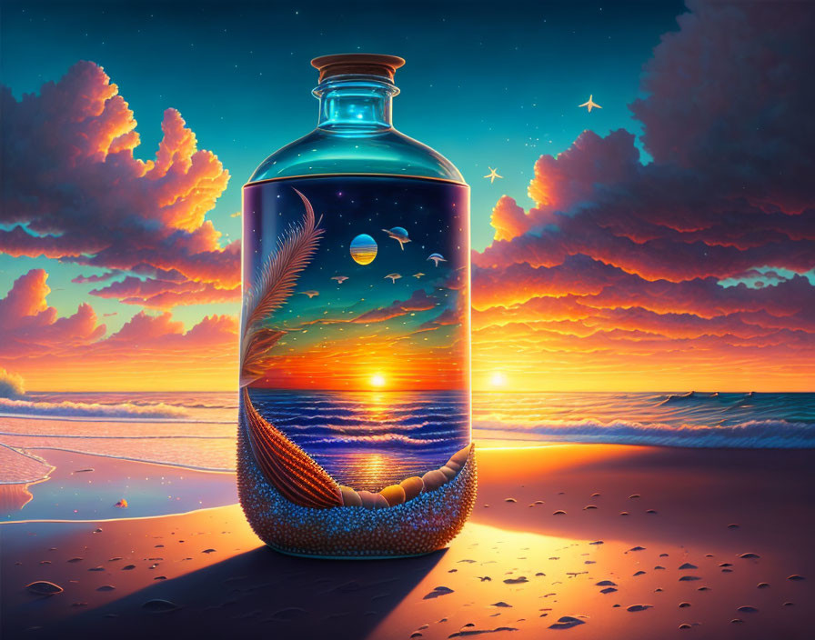 Glass Bottle Beach Sunset Scene with Moon, Stars & Sea