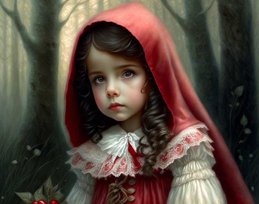 Young girl in red hooded cape with expressive eyes in dimly lit forest