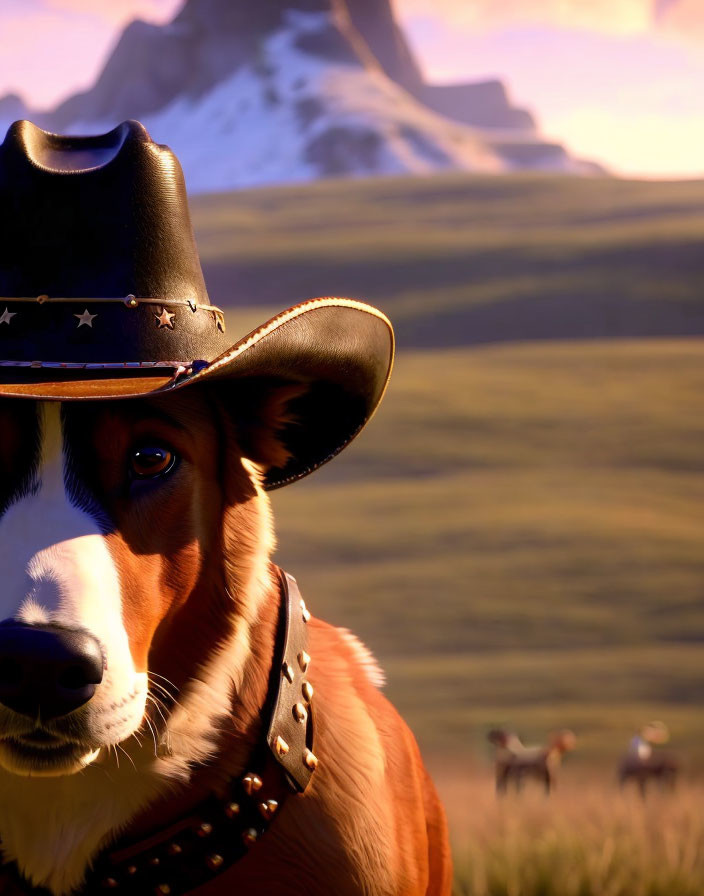 Dog in cowboy hat on grassy hill at sunset with deer and mountains