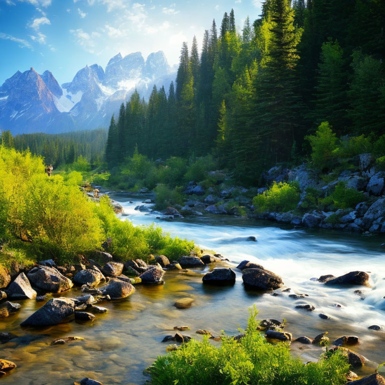 Scenic mountain river in tranquil forest with sunlit peaks