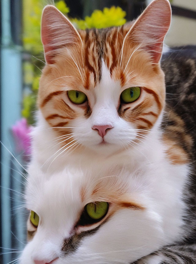 Two Cats with Green Eyes and Orange-White Fur Resting Together