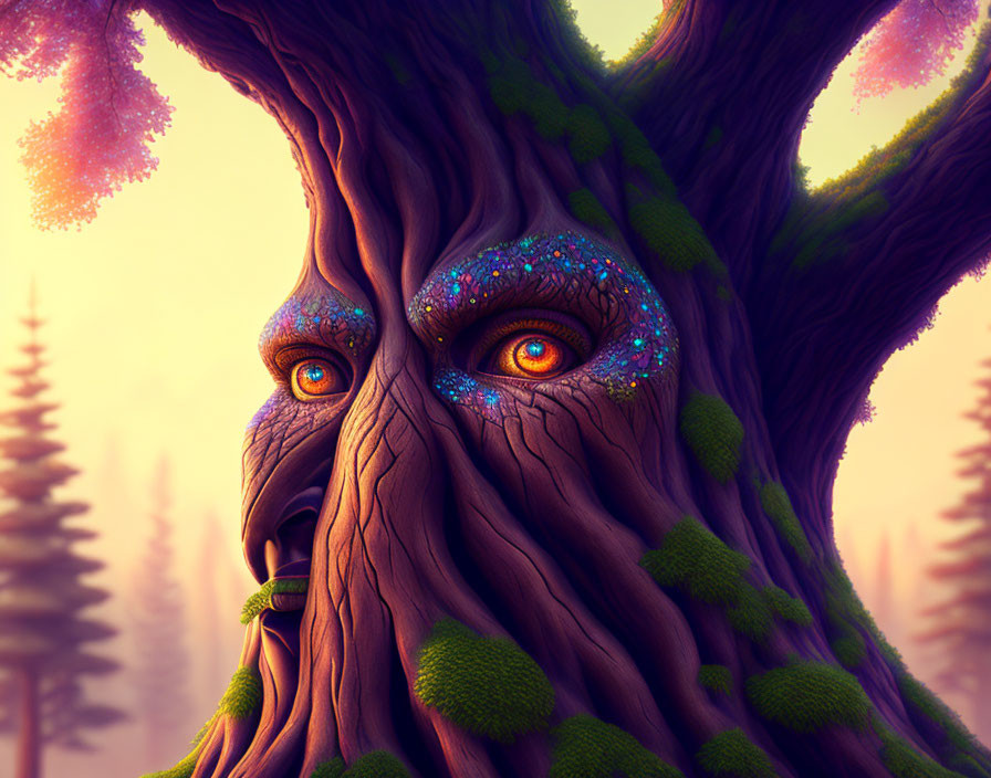 Illustration of a tree with human-like face and glowing blue eyes in mystical forest