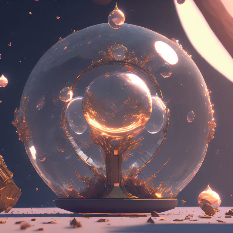 Surreal image: Glass bubble around golden tree, smaller bubbles, and golden fragments in dusky