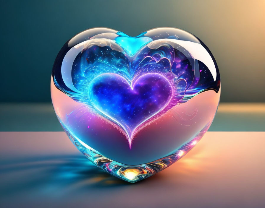 Translucent heart-shaped object with blue and purple cosmic design