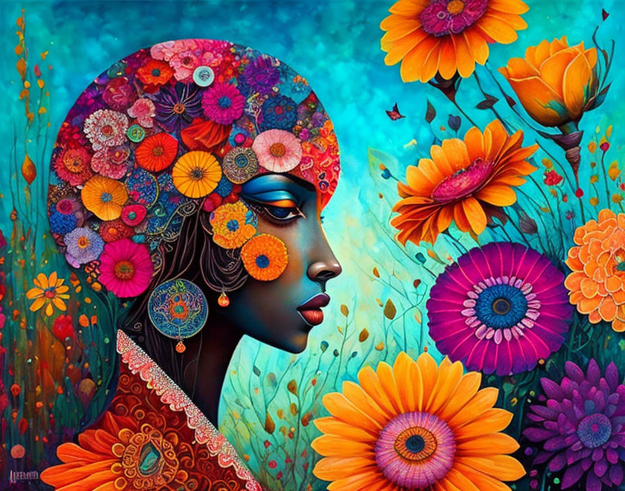 Colorful Flower Mosaic Woman Profile Art with Oversized Blossoms