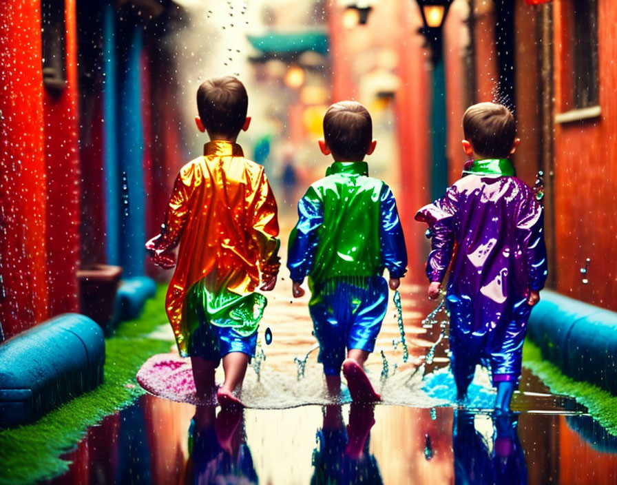 Three children in colorful raincoats walking through vibrant wet alleyway