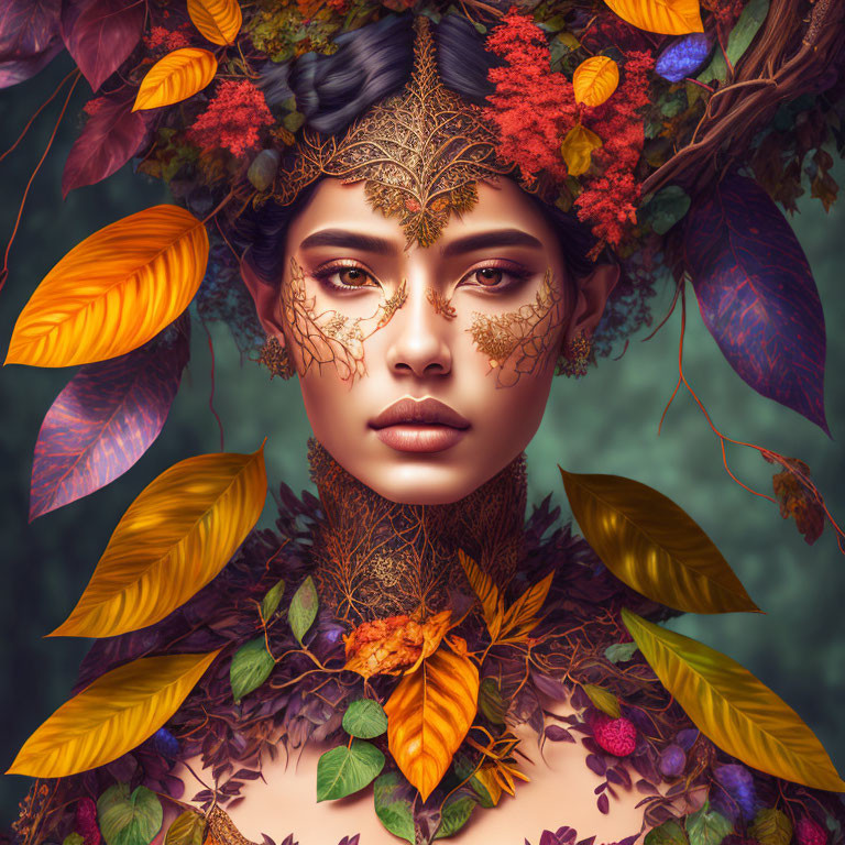 Autumn-themed woman with leaf mask and berries portrait.