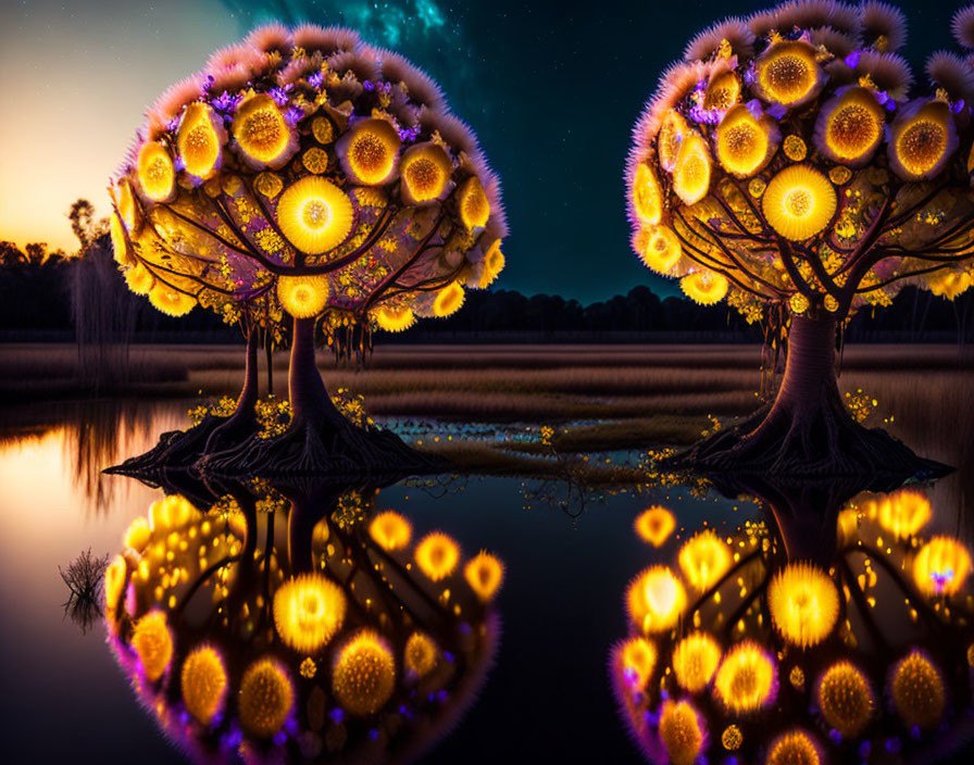 Fantastical illuminated trees with glowing yellow flowers reflected in twilight waters