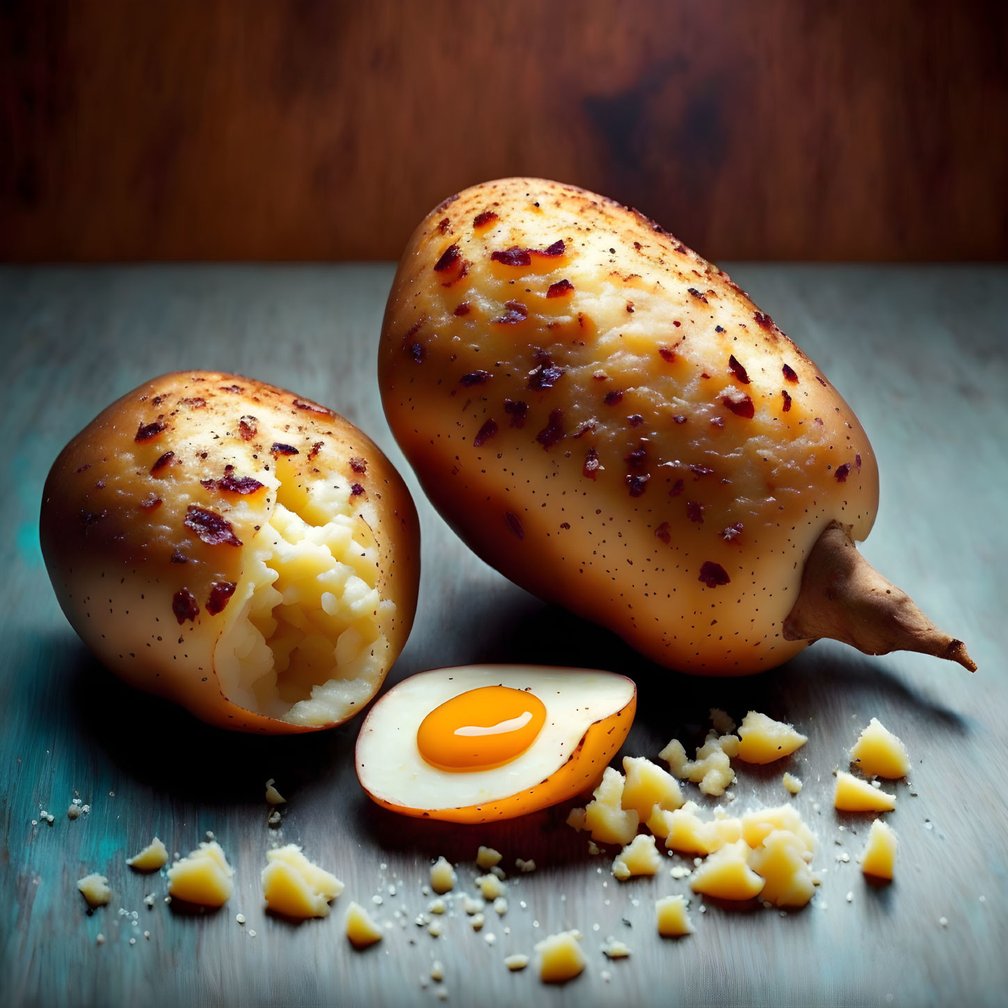 Roasted Potatoes with Melted Cheese and Boiled Egg on Wooden Surface