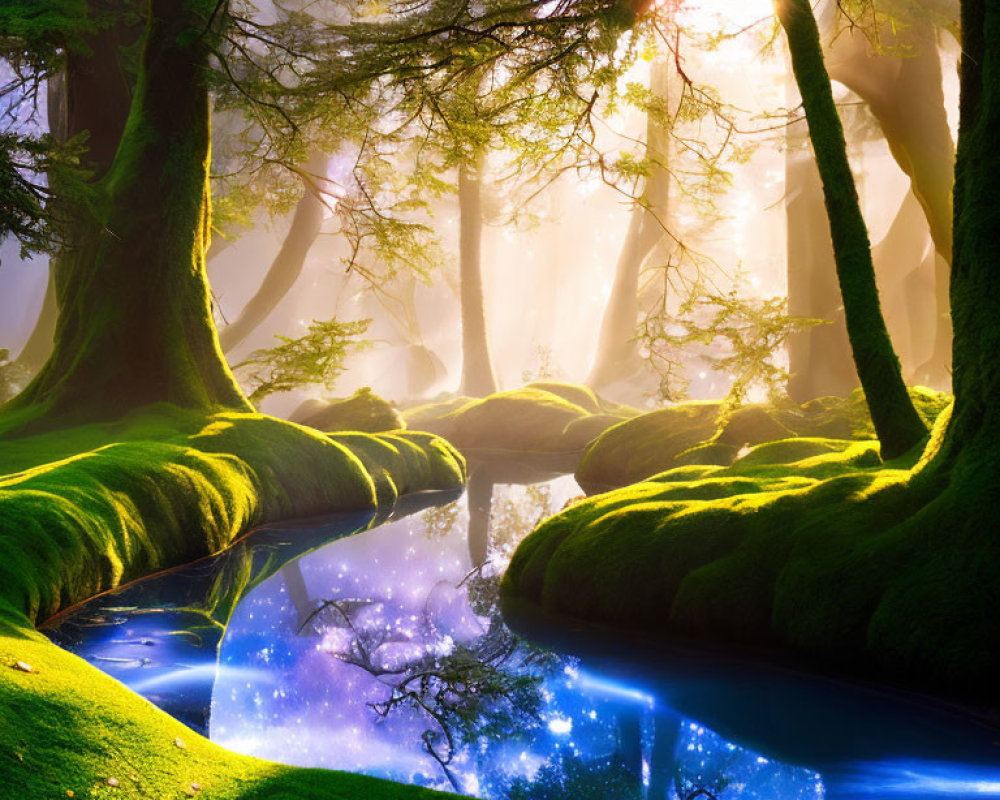 Vibrant green forest with moss-covered trees and starry stream