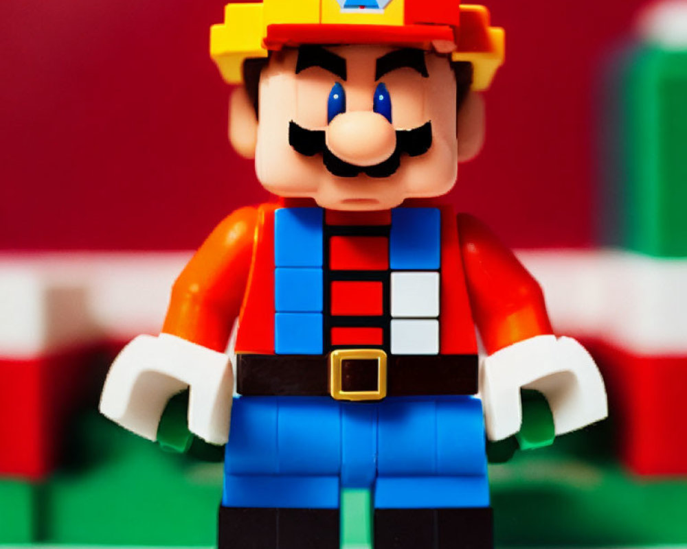 Toy Figure: Mario Lookalike in Plumber Outfit on Red & Green Background