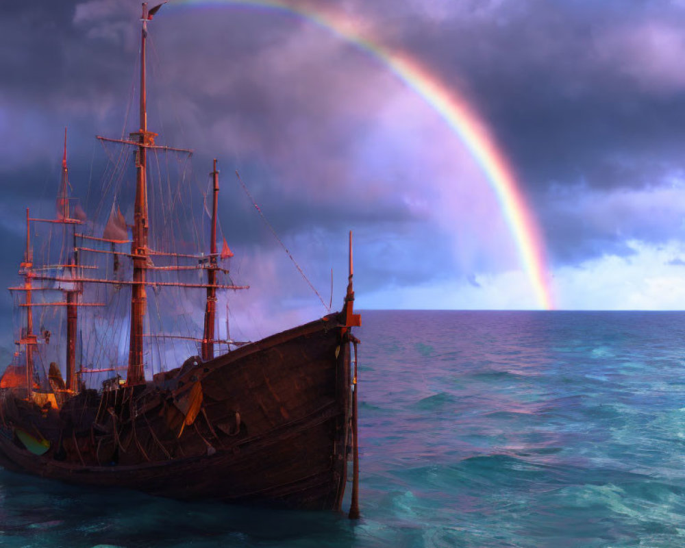 Wooden sailing ship in turquoise sea with dramatic sky and vivid rainbow.