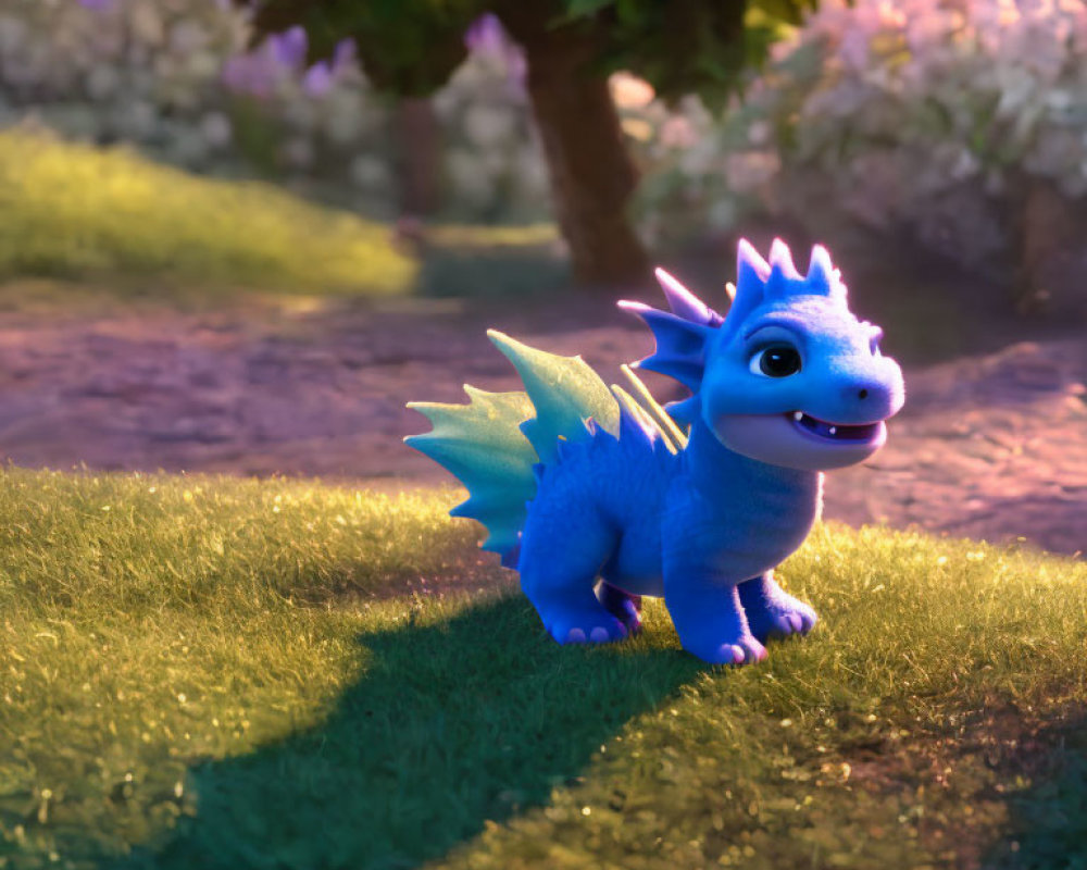 Blue cartoon dragon with green eyes in a garden with purple flowers
