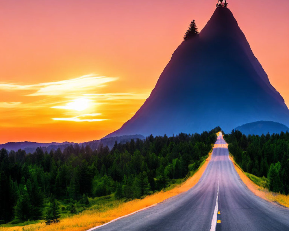 Colorful sunset sky over conical mountain with road and forest landscape