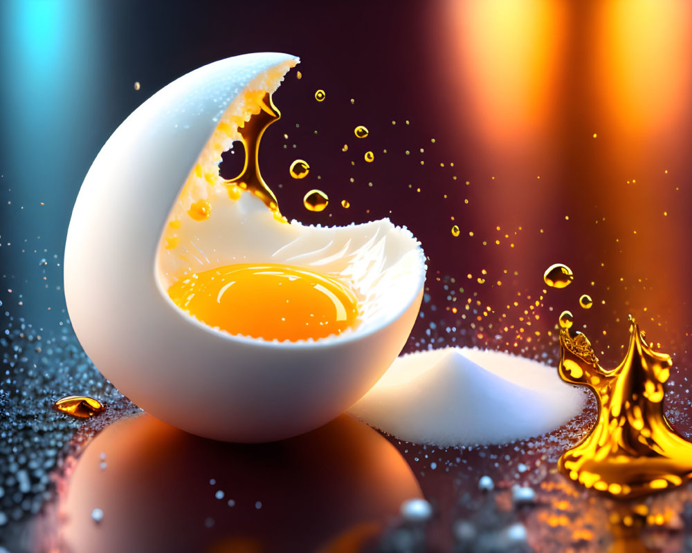 Cracked egg with vibrant yolk on reflective surface, droplets, and warm bokeh background.