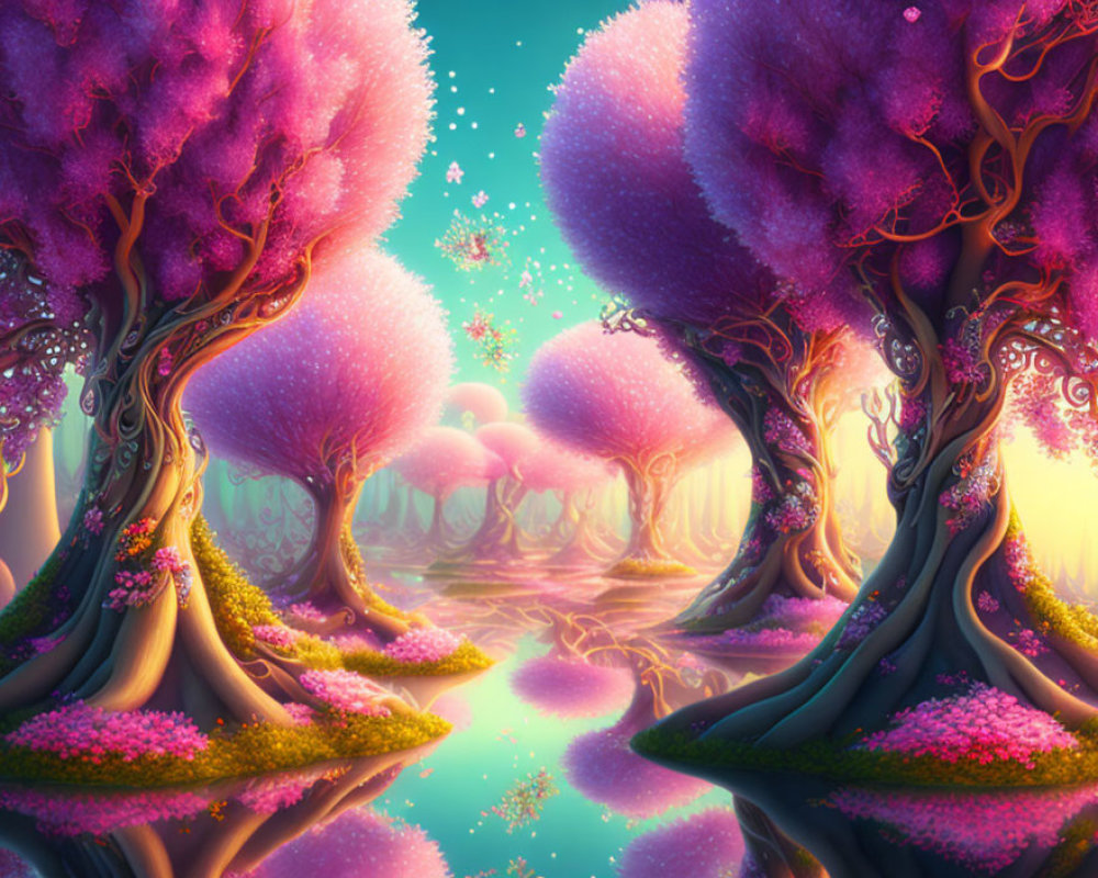 Fantasy Landscape with Pink Foliage and Twisting Trees